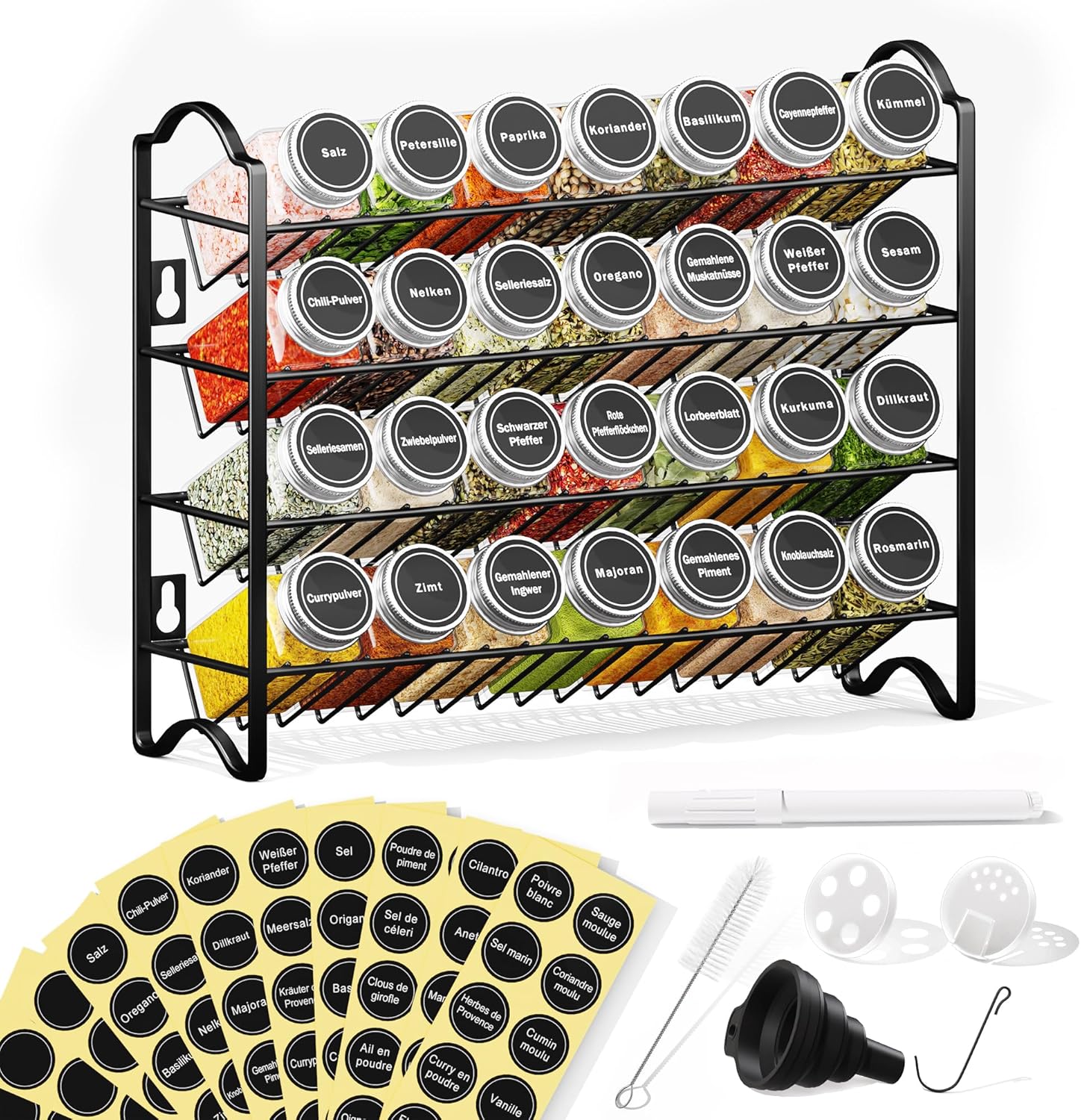 Optimisez Votre Cuisine avec l'Étagère à Épices Enjoior : 28 Pots en Verre & 120 Étiquettes Inclus!