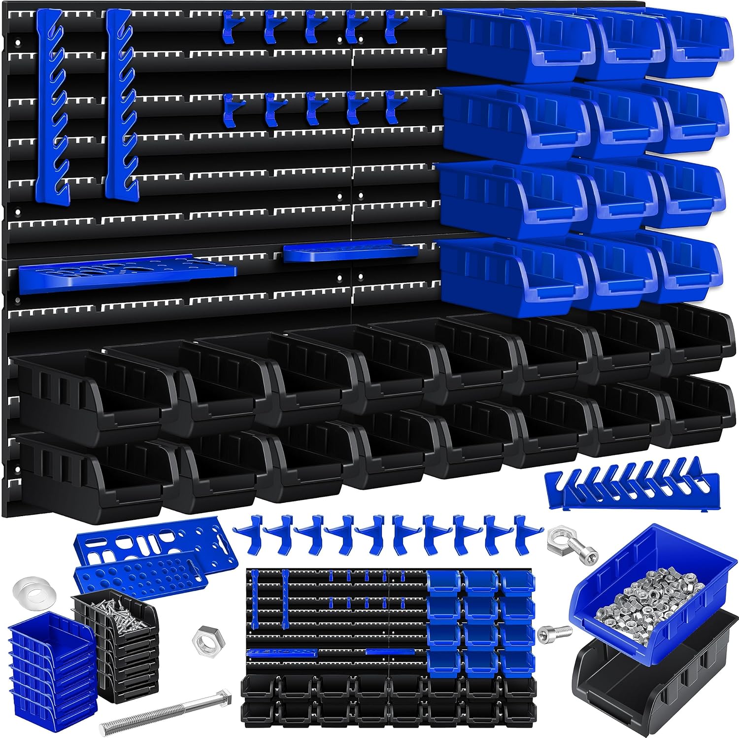 Organisez Votre Espace avec le Masko® : Tablette Murale et Boîtes Empilables en Noir/Bleu