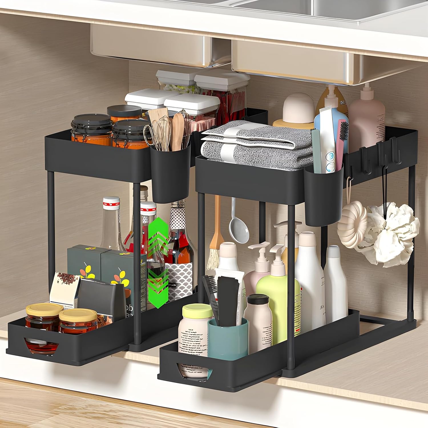 Organisez Votre Espace : Lot de 2 Rangement Sous Évier Multifonctions en Noir!